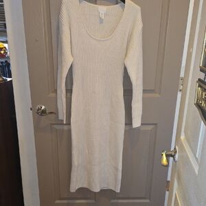 H&M Off-White Long Sleeve Ribbed Dress
